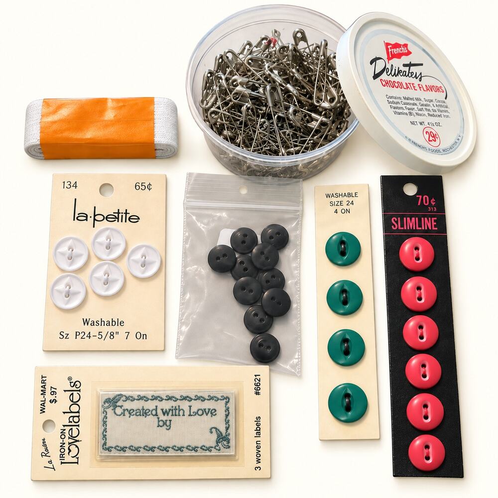Vintage Sewing Notions Lot Buttons Safety Pins La Petite Slimline Labels Trim